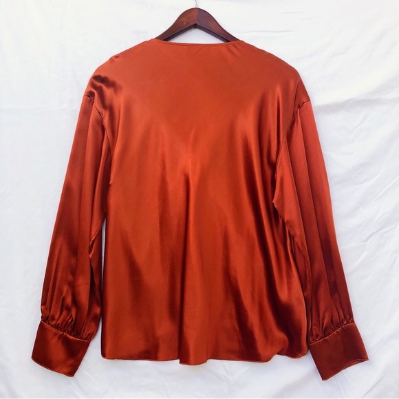 CINQ A SEPT | LENTZ TIE BOW LONG SLEEVE SILK SATIN LARGE BLOUSE IN TOBACCO - Picture 5 of 6